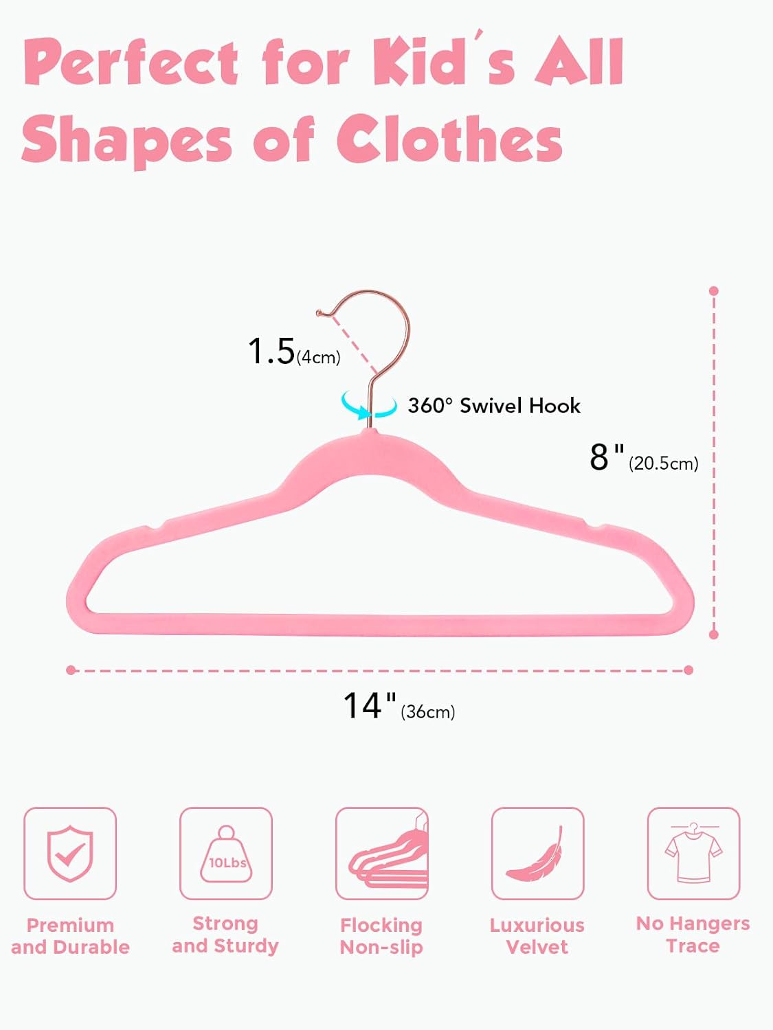 Smartor Kids Velvet Hangers 50 Pack, 14 Inch Premium Non Slip Kids Felt Hangers for Closet, Space Saving Toddler Clothes Hanger for Youth's Childrens' Clothes (Rose Gold Hook)- Pink