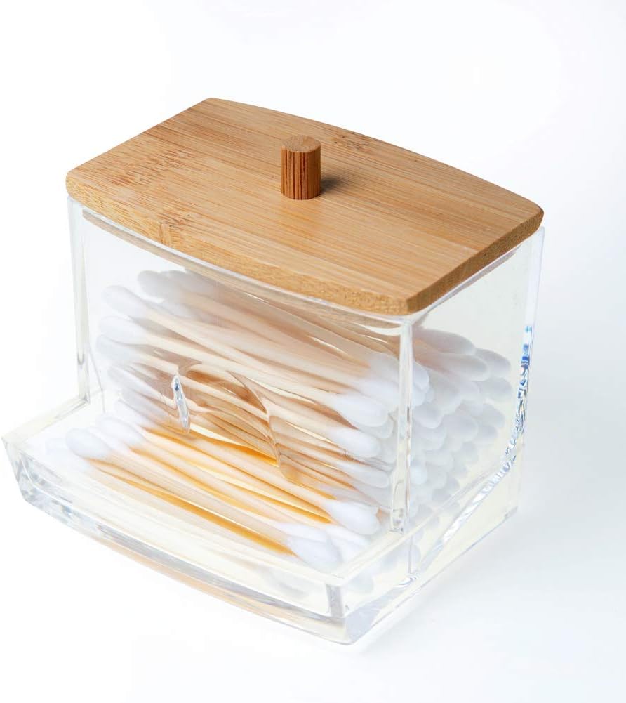 NAGU Acrylic Qtip Holder with Bamboo Lid, Clear Small Cotton Swab Dispenser, Plastic Ear Stick Swabs Holder, Square Toothpick Storage Container, Bathroom Countertop Decorative Storage Organizer