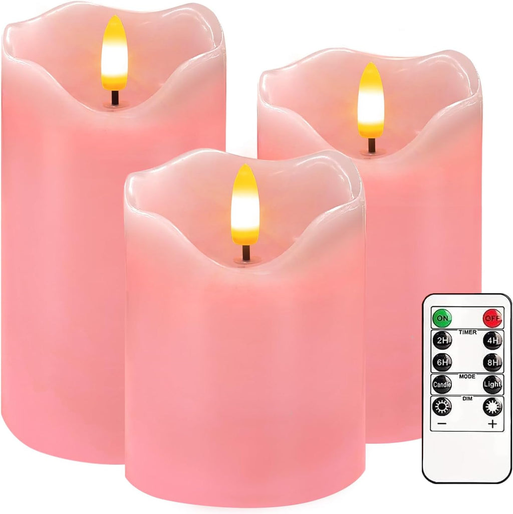 VEEKI Pink Flameless Candles Set of 3, Pastel Candles with Remote & Timer