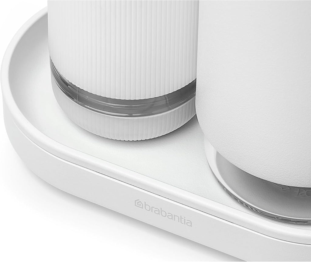 Brabantia - SinkStyle Soap Dispenser Set with 2 Stylish Dispensers for Hand and Dish Soap, Textured Tray, and Soap Squeezer – Mineral Fresh White, 2 x 6.8oz