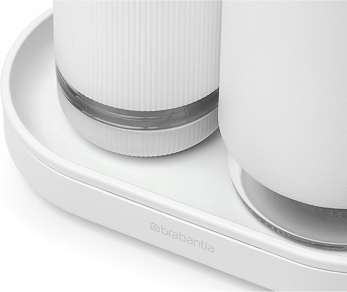 Brabantia - SinkStyle Soap Dispenser Set with 2 Stylish Dispensers for Hand and Dish Soap, Textured Tray, and Soap Squeezer – Mineral Fresh White, 2 x 6.8oz