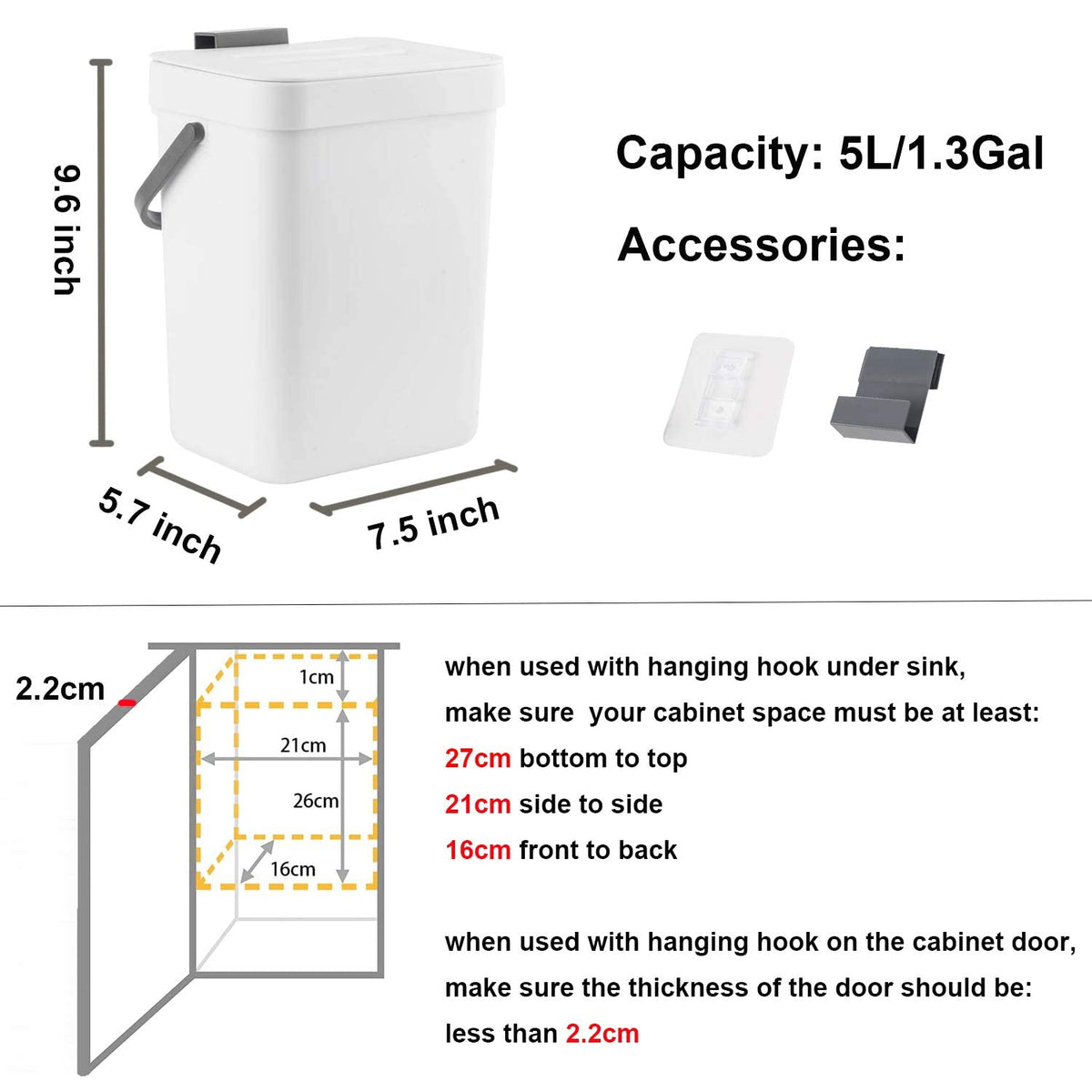 LALASTAR Compost Bin Indoor Kitchen Sealed, Hanging Small Trash Can with Lid Under Sink for Kitchen, Food Waste Bin for Countertop, Mountable Garbage Can for Bathroom, RV, 5L/1.3 Gal, White