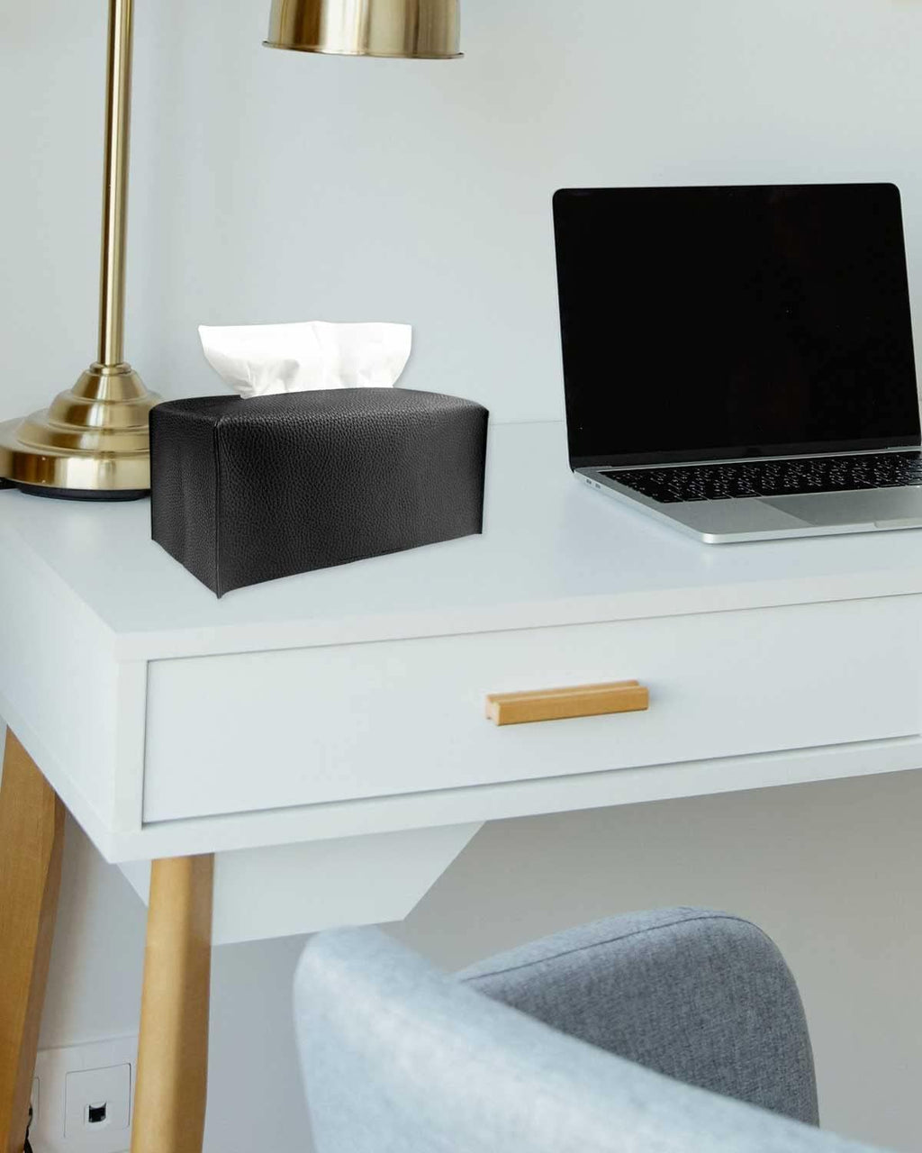 Tissue Box Holder Rectangular Leather – with Bottom Belt [JESMINI, Black] Modern Long PU Leather Rectangle Tissue Box Cover Holder Decorative for Bathroom Vanity Countertop/Night Stands/Office Desk