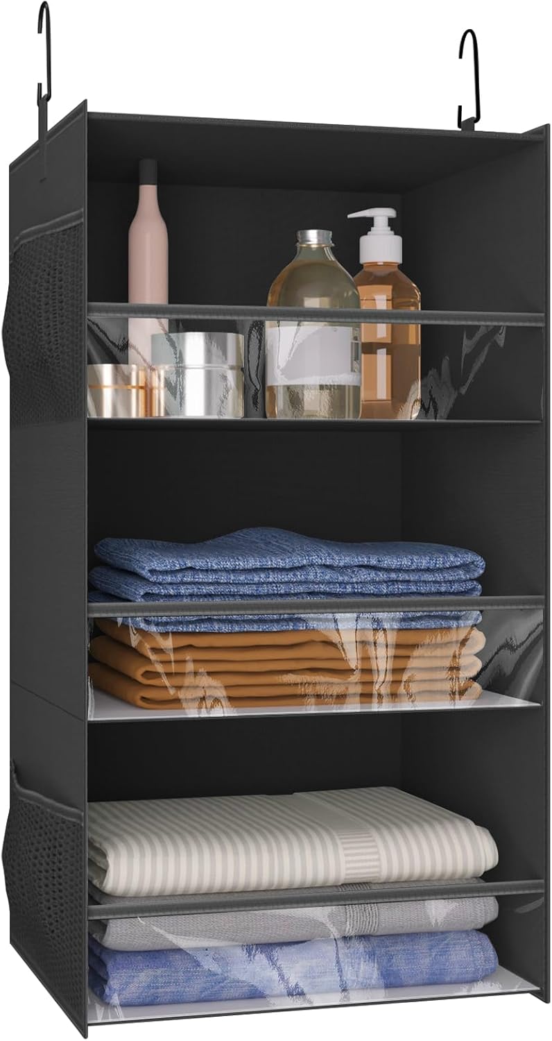 3 Shelf Hanging Closet Organizer Front Lip Design, Wider and Foldable Hanging Closet Wardrobe Storage Shelves with 4 Side Pockes, Clothes Handbag Shoes Accessories Storage, Black