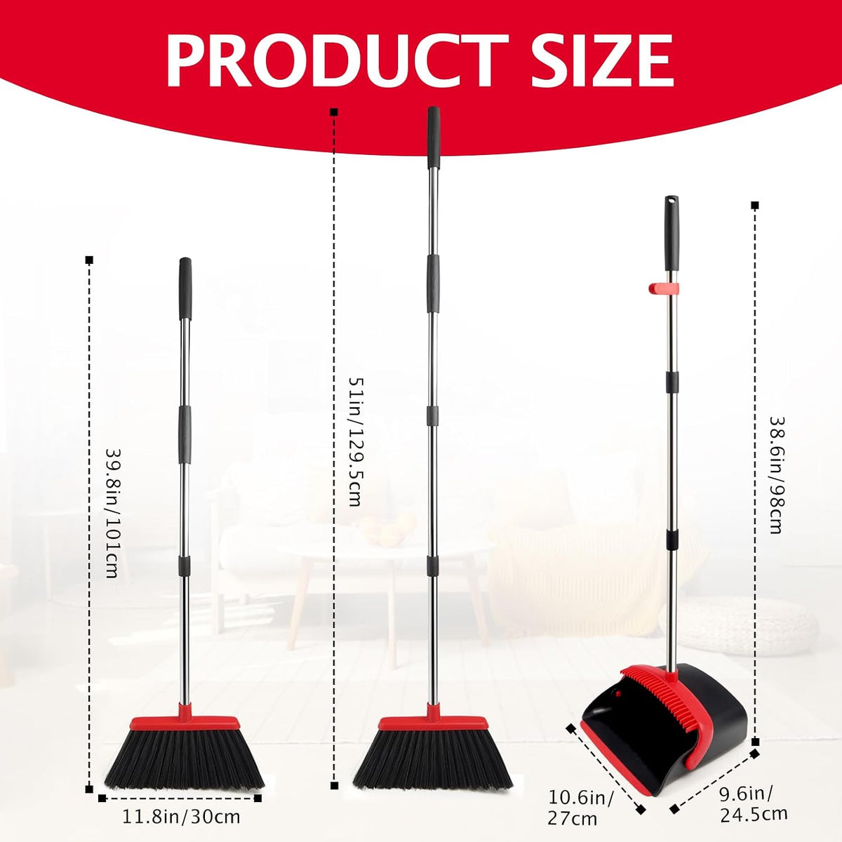 2-Pack Broom and Dustpan Combo Set,51" Long Handle,Black Red