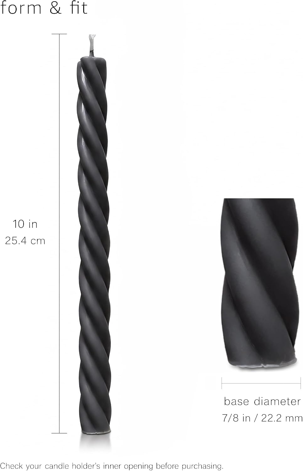 Charcoal Black Twisted Taper Candles, 10“, 4 Pack, Unscented
