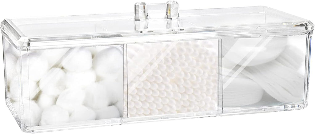Square Qtip Holder Dispenser, 3 Compartments Cotton Ball Holder with Lid