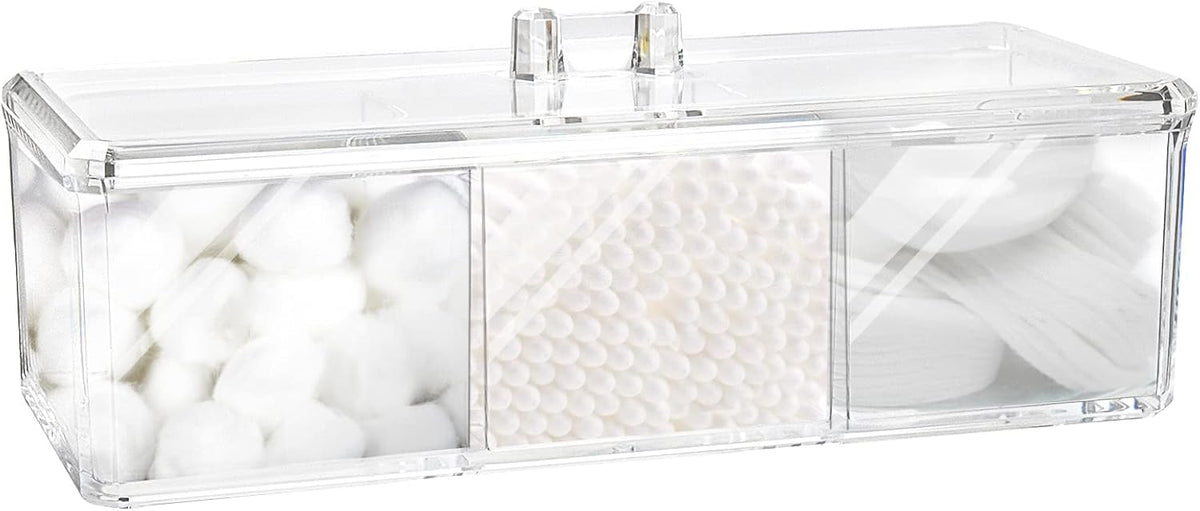 Square Qtip Holder Dispenser, 3 Compartments Cotton Ball Holder with Lid