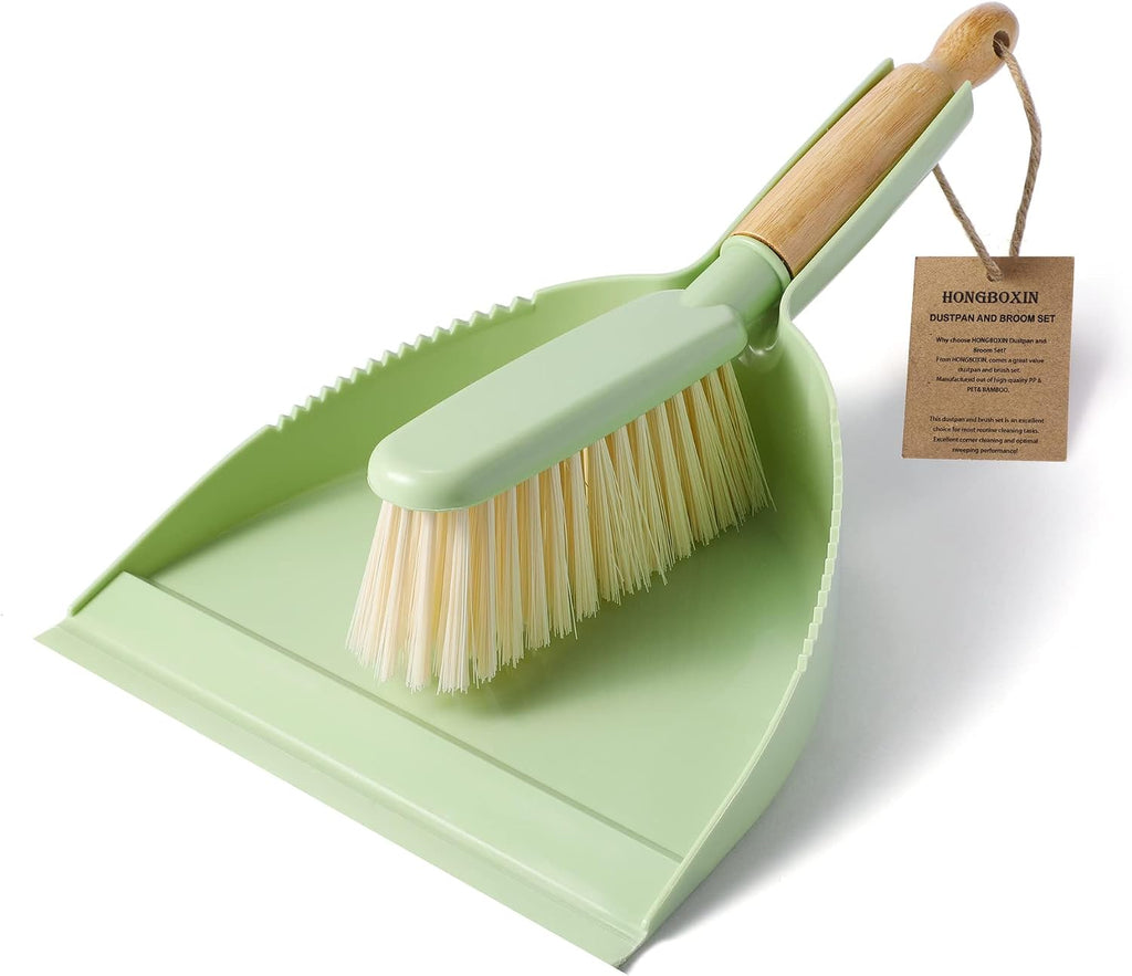 Dust Pan and Brush Set - Small Dustpan and Brush Set, Handheld Broom and Dustpan Set, Brush and Dust Pan Set for Car, Pet Care, Office, 14 x 8.7 inch, Green