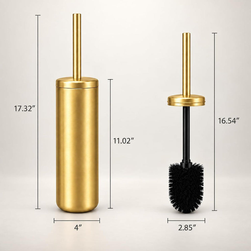 Chrome Toilet Brush and Holder Set，Extra Long Handled Toilet Bowl Brush and Holder，Stainless Steel Heavy Duty Toilet Brush for Bathroom,Deep Cleaning Modern Toilet Cleaner Slip Base (Gold)