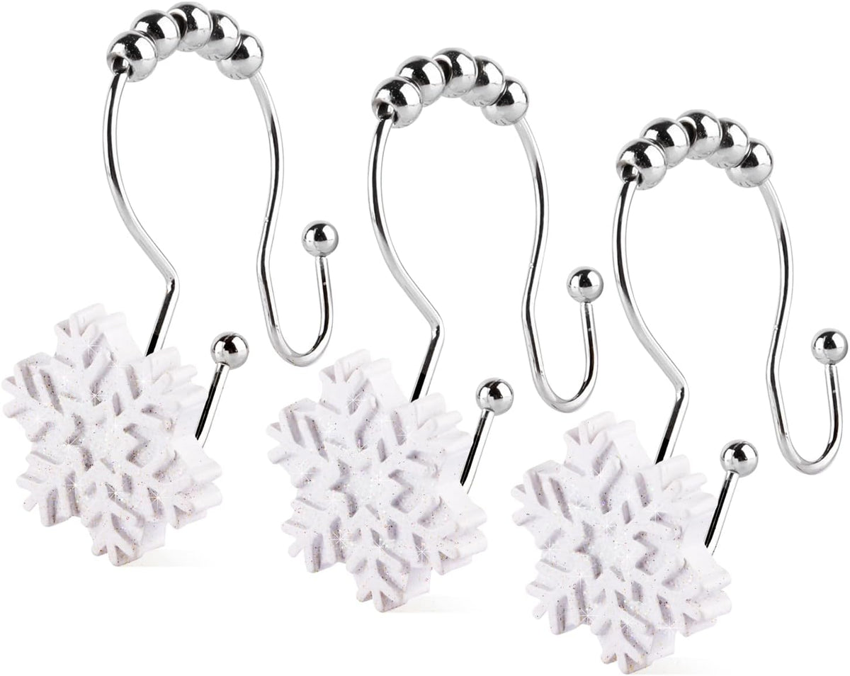 Snowflake Double Shower Curtain Hooks, 12 PCS Christmas Double Slide Shower Curtain Hooks Rings for Winter Decoration in Bathroom and Living Room