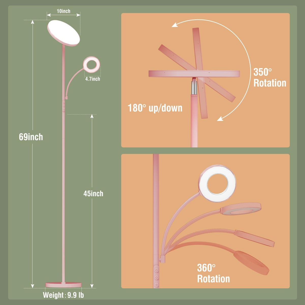 marctronic Pink Floor Lamp, 42W 4000LM Super Bright LED Room Lamp with Adjustable Reading Light,Dimmable Modern Standing Lamp with Remote & Touch Control for Room Bedroom Office Floor Light