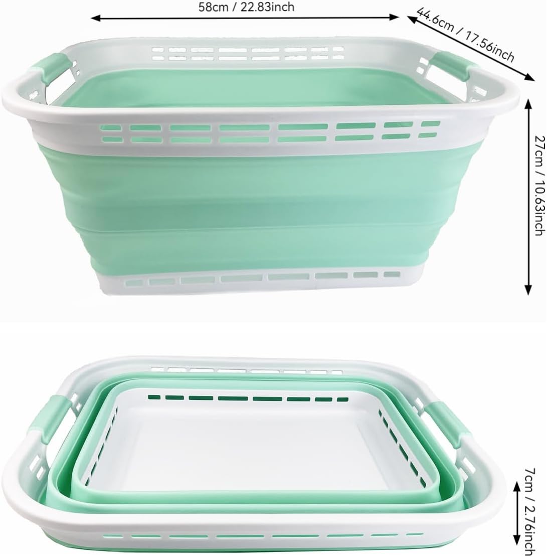 SAMMART 42L (11 gallons) Collapsible Plastic Laundry Hamper/Basket - Foldable Storage Container/Organizer - Portable Laundry Basket - Easy Storage Space Saving (White/Pale Jade)