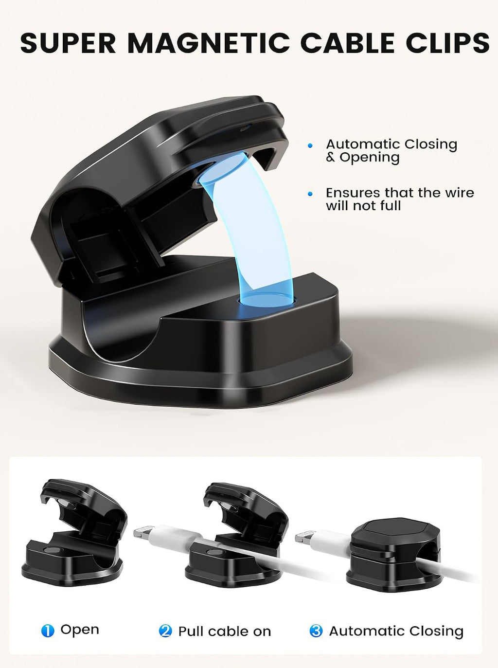 6 Pack Magnetic Cable Clips, Cable Smooth Adjustable Cord Organizer Holder, Hide Phone Charging Cable Keeper, Strong Adhesive Wire Charger Holder for Nightstand, Desk, Car, Office Supplies