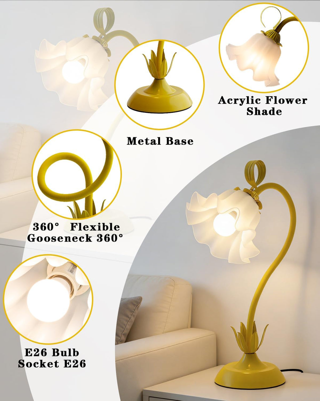 WERFOP Flower Table Lamp Cute Desk Lamp for Bedroom Home Decor (Yellow)