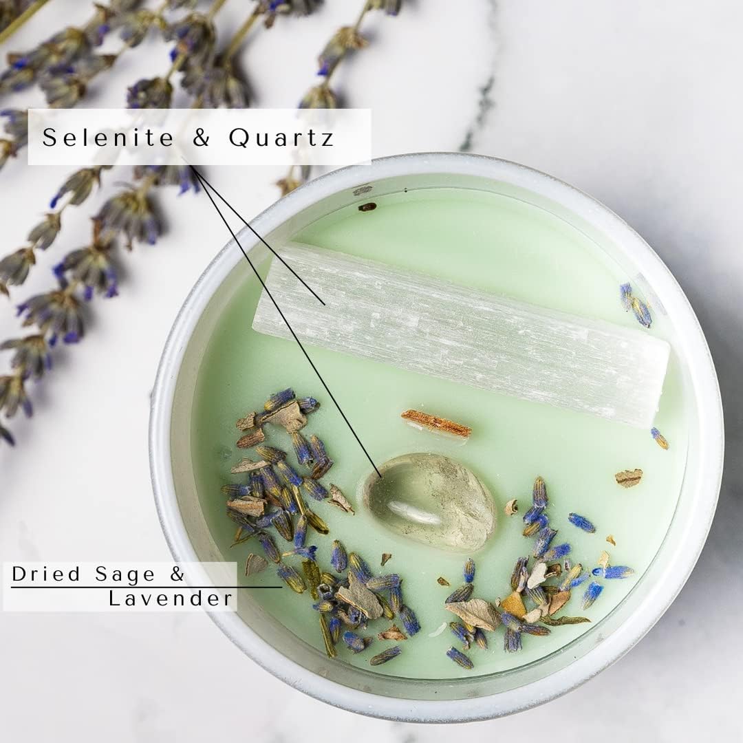 Sage Candles for Cleansing – White Sage Smudge Wood Wick Candles that Crackle with Selenite Crystal & Quartz for Home Rituals & Manifestation