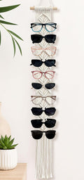 Boho Sunglasses Holder Macrame Wall-Mounted Eyeglasses Organizer Holds 10 Pairs, Handwoven Cotton Rope Glasses Display Rack with Wood Rod, Space-Saving Sunglass Storage for Bedroom Closet Entryway