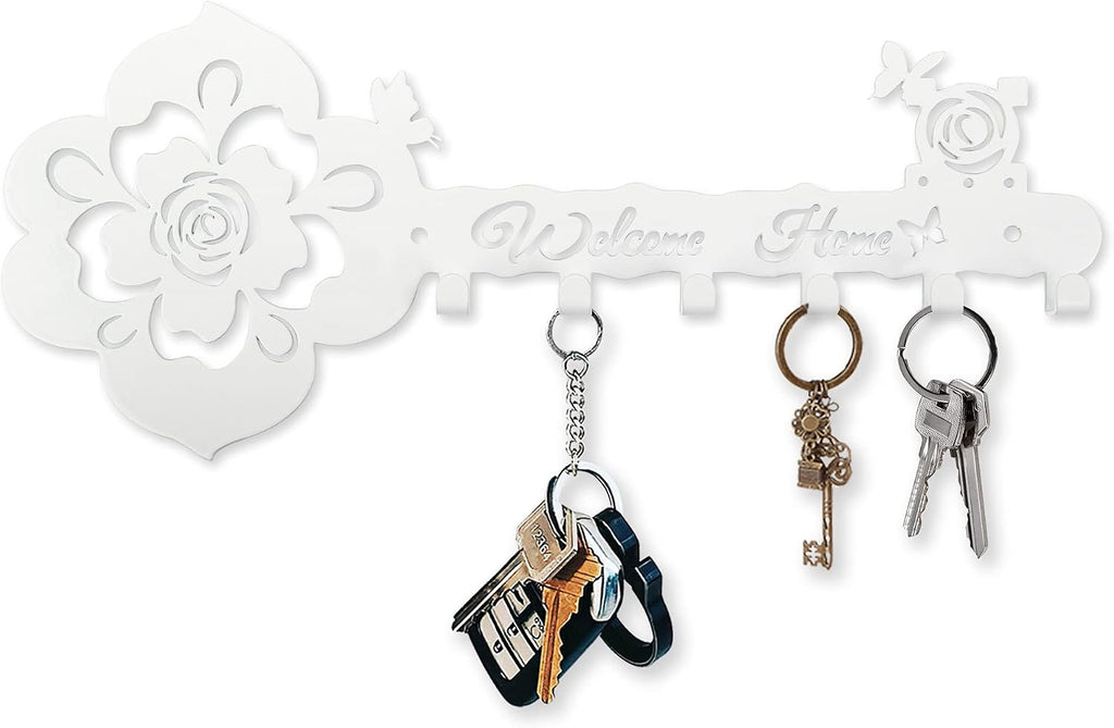 Deveosa Key Hooks Holder for Wall Decorative - Small White Entryway Welcome Home Sign Key Hanging Hangers Wall Mounted Racks
