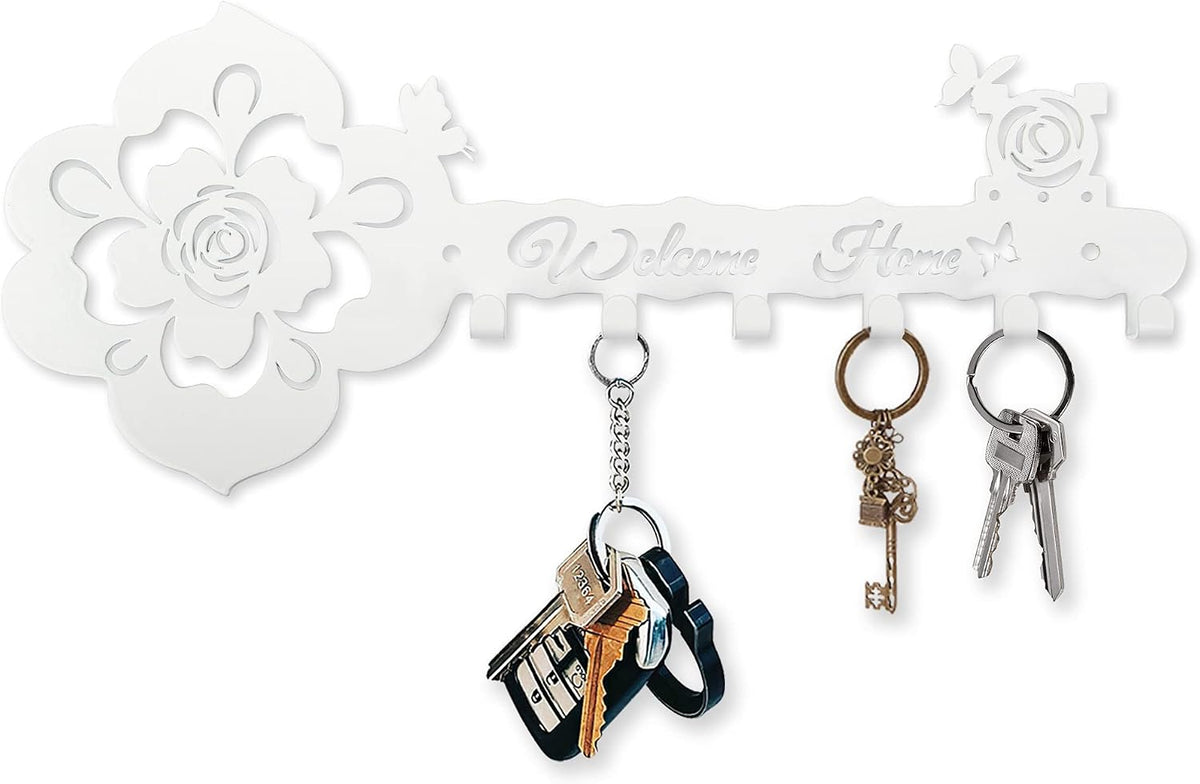 Deveosa Key Hooks Holder for Wall Decorative - Small White Entryway Welcome Home Sign Key Hanging Hangers Wall Mounted Racks