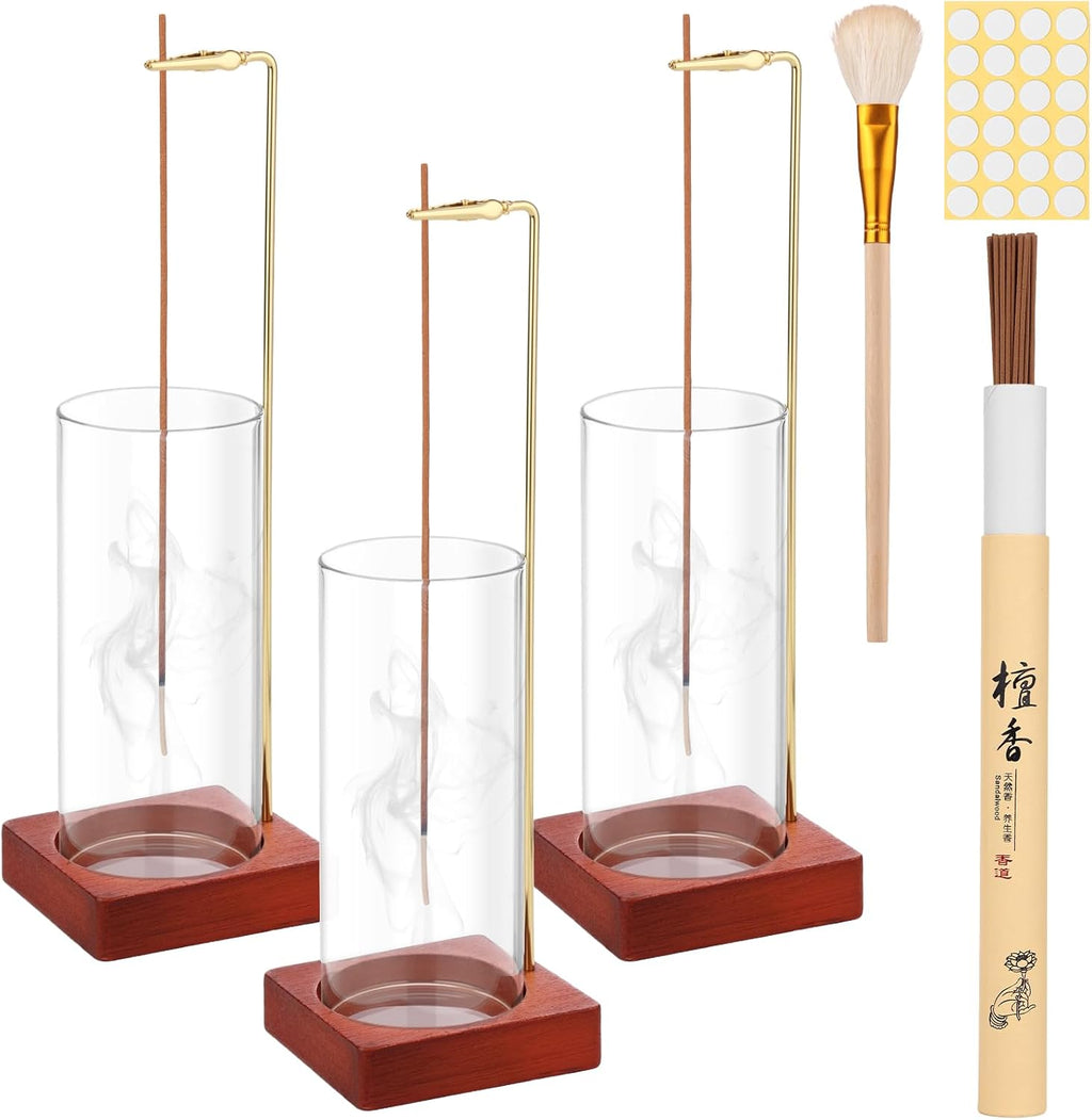 3 Pack Incense Holder with 20 Incense Sticks, Detachable Glass Ash Catcher