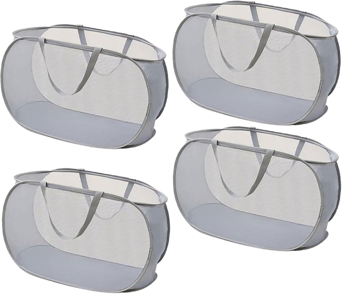 4 Piece Popup Mesh Laundry Basket Durable Handles Collapsible Laundry Baskets Folding Clothes Pastic Hamper for Laundry Room College Dorm (Gray)