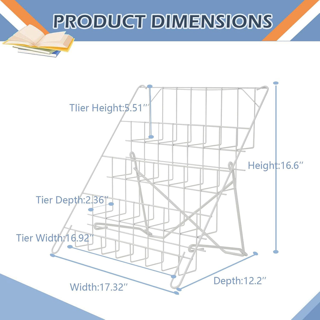 Wire Magazine Rack with 4 Open Tiers, Holds Both Magazines and Brochures, Includes Sign Channel at the Front - White Wire