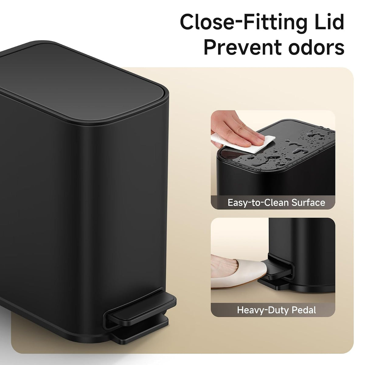 TIPGO Small Bathroom Trash Can with Lid Soft Close,1.3 Gallon, Matte Black