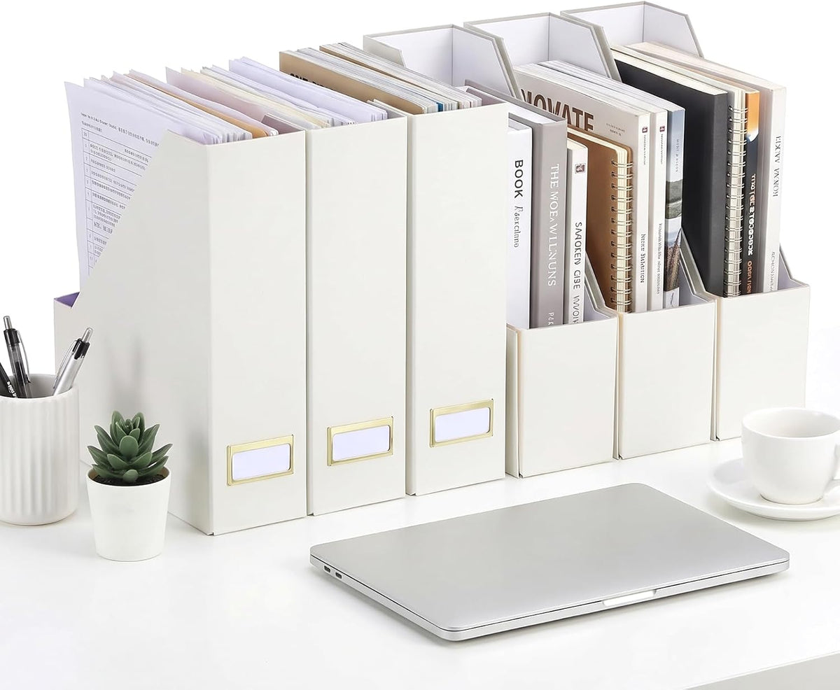 Gueevin Set of 6 Magazine File Holders, Sturdy Cardboard Desk Magazine Organizer with Gold Label Slots, Foldable File Folder Rack for Home Office Classroom Library(Beige)