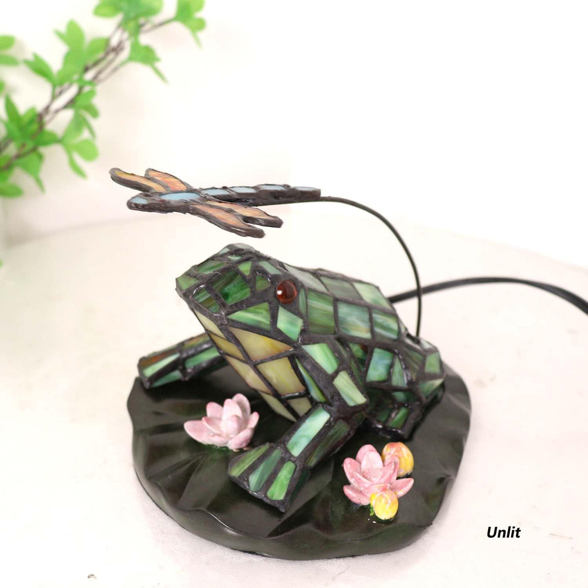 Bieye L12014 Frog and Dragonfly Tiffany Stained Glass Accent Table Lamp