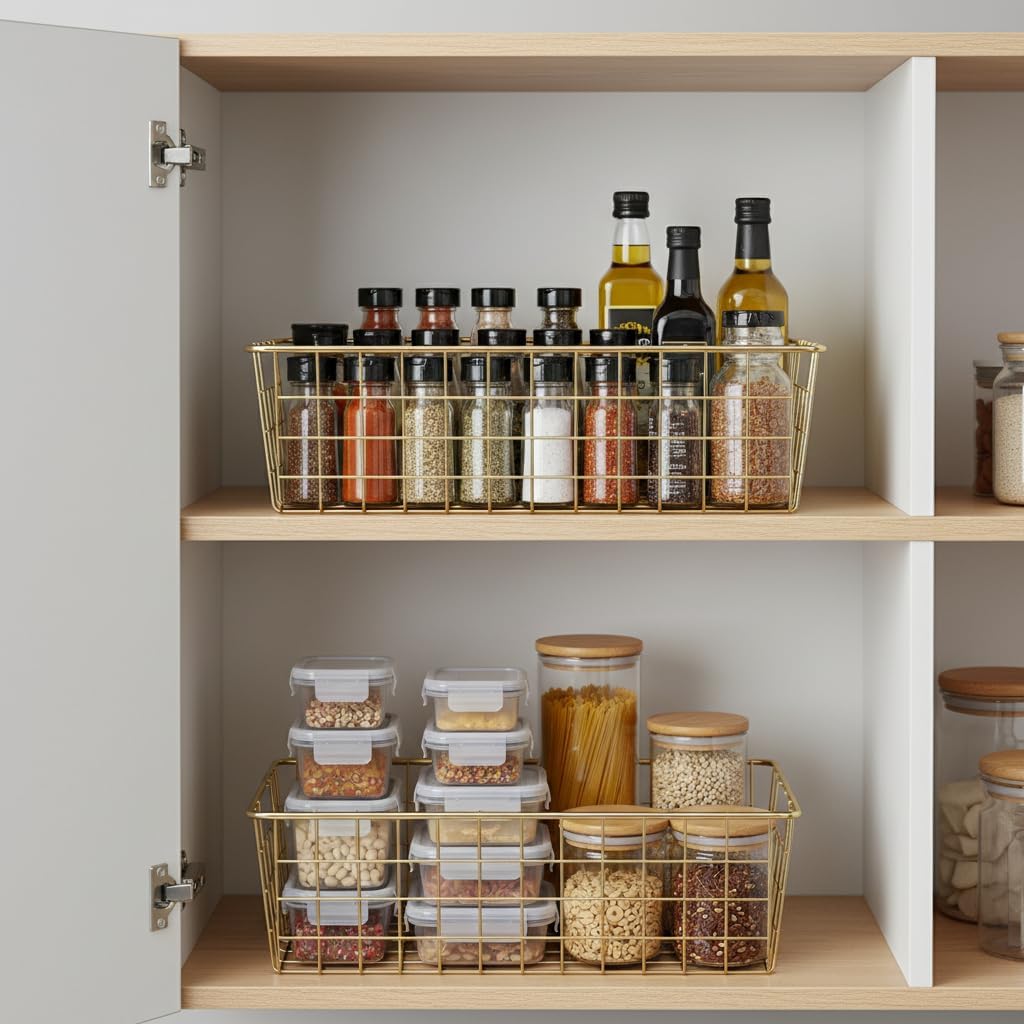 4pcs Wire Kitchen Storage Basket, Farmhouse Pantry Storage Basket Organizer Bins for Shelf, Countertop, Refrigerator, Freezer, Cabinet (Gold)
