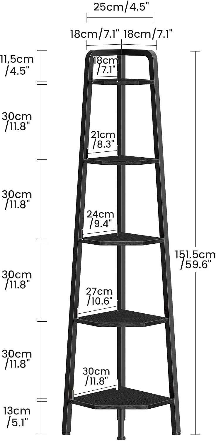 CHOEZON Corner Shelf, 5-Tier Ladder Corner Shelf, Ladder Bookshelf, 59.6" Tall Vertical Display Stand, Metal Frame Bookshelf, for Living Room, Bedroom, Kitchen, Black TCJ20BB