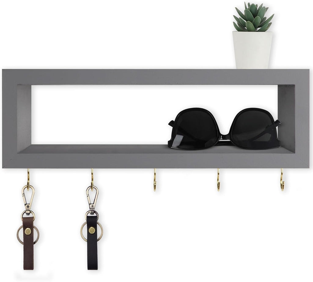 Lwenki Wall Shelf with Hooks - Decorative Key and Wallet Holder for Wall Holds Sunglasses, Leashes, Scarves and Lanyards - 15.7" x 5.1" x 2.9" Entryway Organizer Made of Paulownia Wood (Gray)