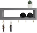 Lwenki Wall Shelf with Hooks - Decorative Key and Wallet Holder for Wall Holds Sunglasses, Leashes, Scarves and Lanyards - 15.7" x 5.1" x 2.9" Entryway Organizer Made of Paulownia Wood (Gray)