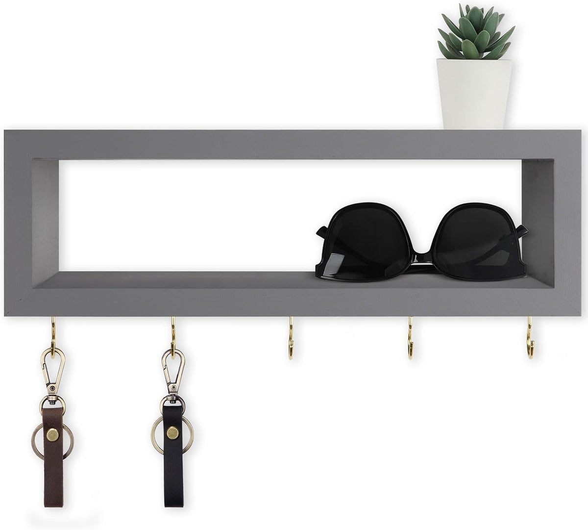 Lwenki Wall Shelf with Hooks - Decorative Key and Wallet Holder for Wall Holds Sunglasses, Leashes, Scarves and Lanyards - 15.7" x 5.1" x 2.9" Entryway Organizer Made of Paulownia Wood (Gray)