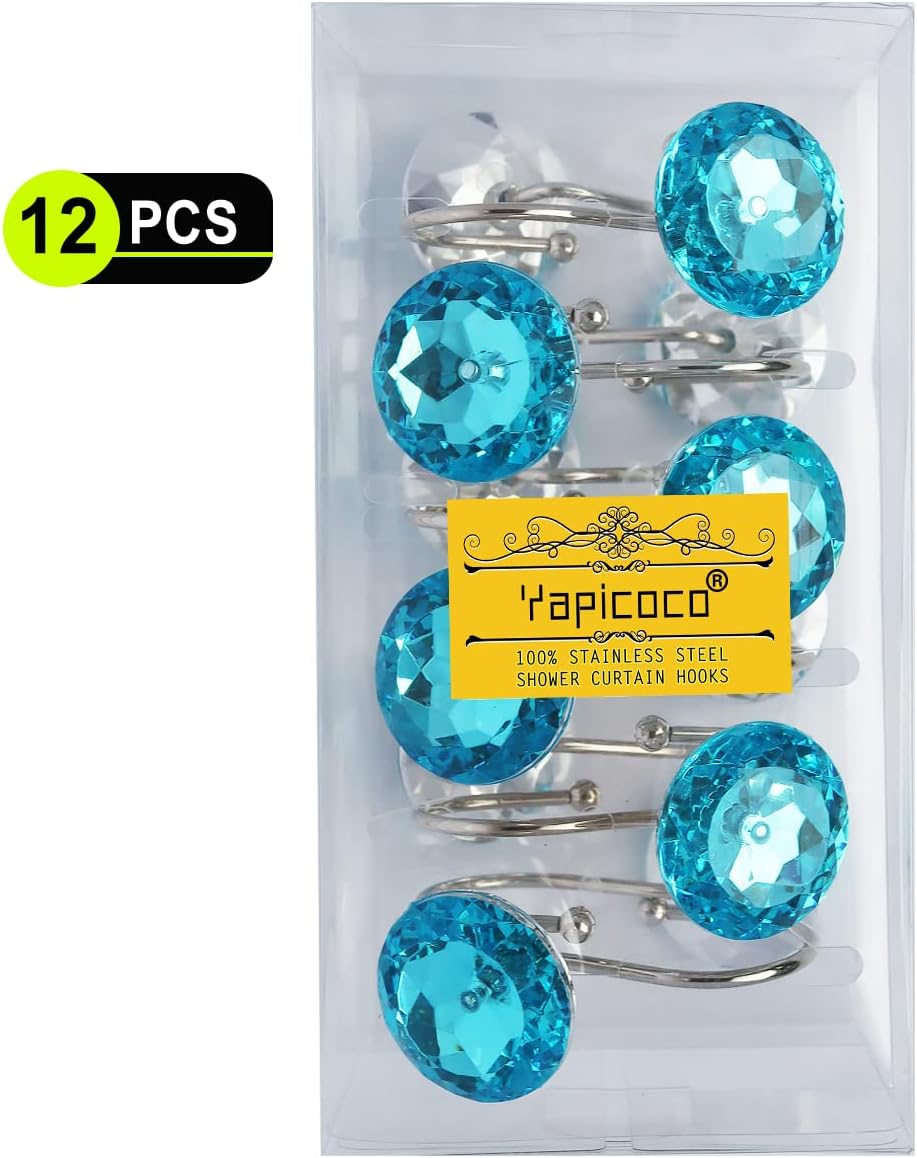 12PCS Stainless Steel Shower Curtain Hooks Rings for Bathroom, RustProof Metal Crystal Rhinestones Bling Shower Curtain Rings Hangers for Shower Curtains Decorative, Round Heavy Duty Hooks (Aqua Blue)