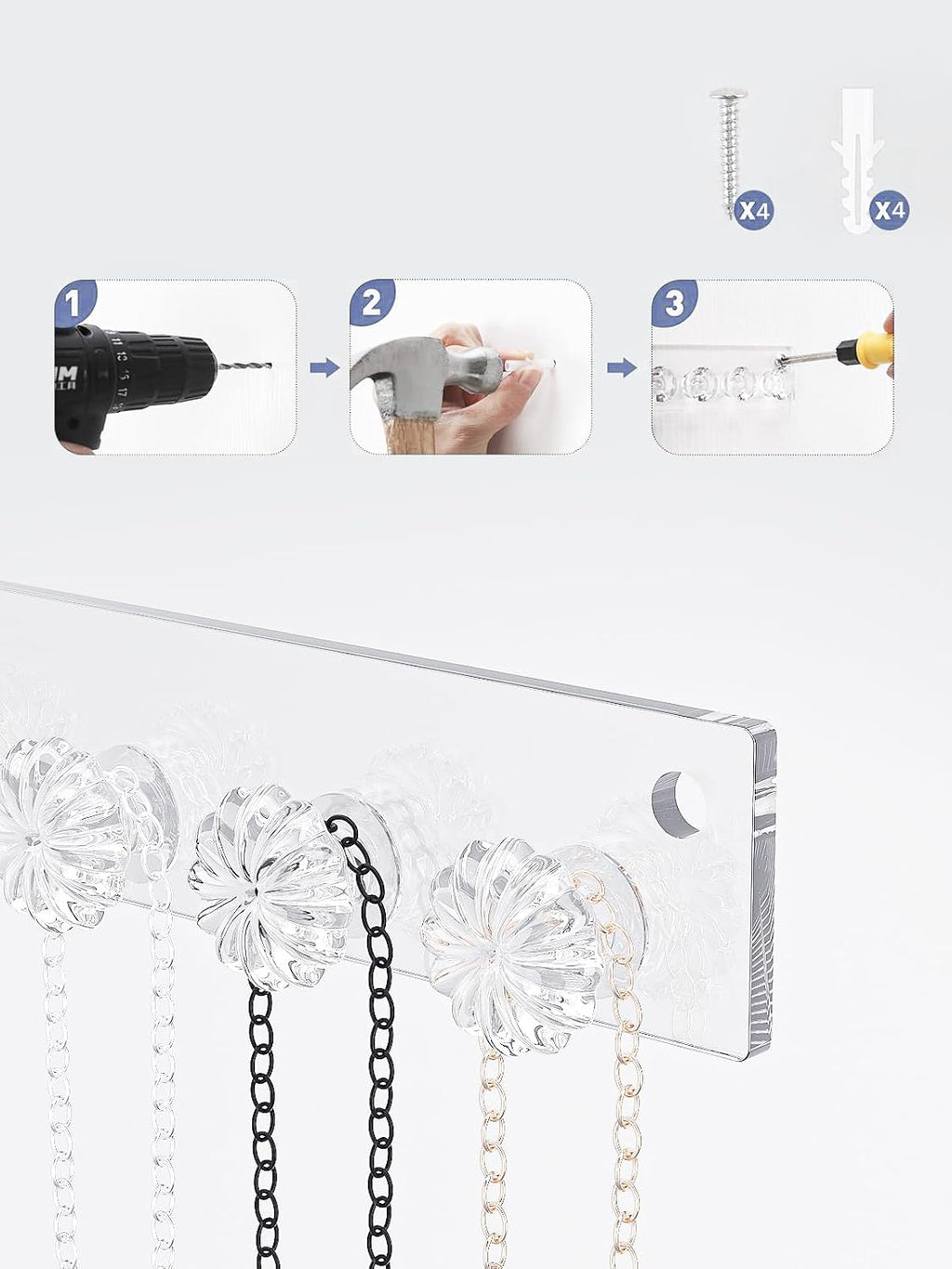 Wall Mounted Hanging Necklace Organizer Holder,Small Necklace Hanger Wall Mount,Acrylic Jewelry Hooks Storage Long Necklace,Closet Hanging Bracelet Display Stand (2)