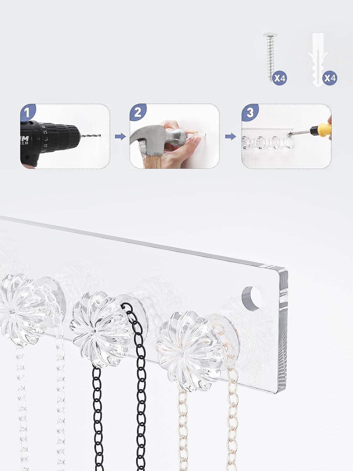 Wall Mounted Hanging Necklace Organizer Holder,Small Necklace Hanger Wall Mount,Acrylic Jewelry Hooks Storage Long Necklace,Closet Hanging Bracelet Display Stand (2)