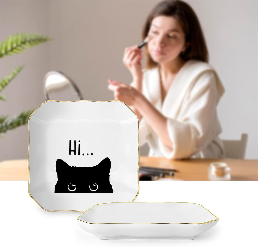 Cute Cat Themed Gifts, Ceramic Jewelry Dish Tray Holder, Trinket Dish, Funny Gifts for Cat Lover Owner Women Friend Birthday, Home Living Room Shelf Desk Table Decor