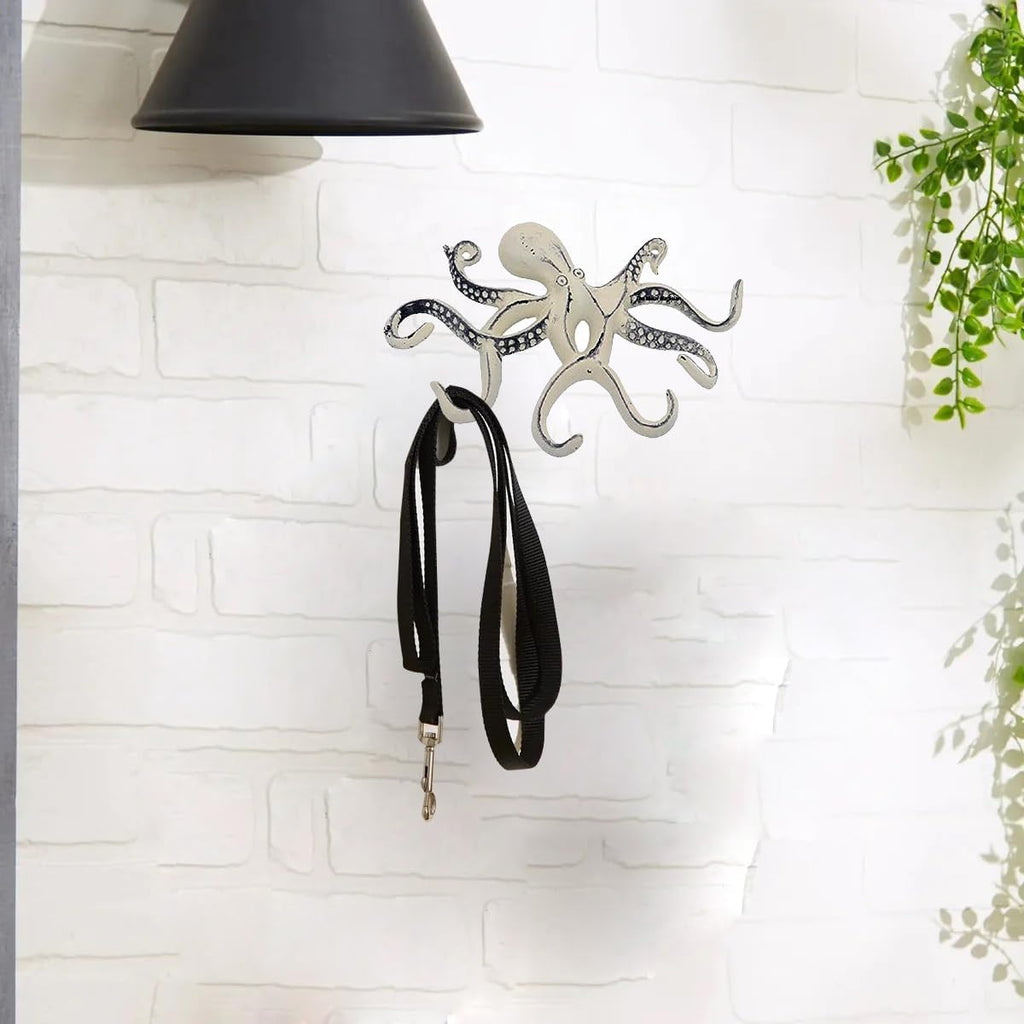 Octopus Keys Hook, Decorative Wall Mounted Nautical Wall Rack, Antique Key Holder Hook, Cast Aluminum Hanger for Hand Towel, Bathrobe, Jacket, Bedroom, Bathroom, Kitchen & Balcony (Distressed White)