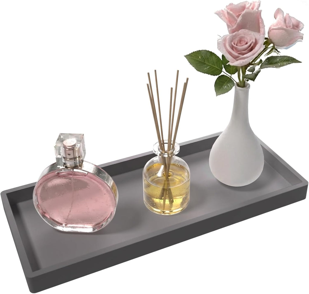 Bathroom Vanity Tray, Silicone 11.8 x 5 Inch Bathroom Counter Tray Decor, Extra-Large Bathroom Trays Holders and Organizers for Toilet Top, Dresser, Waterproof Decorative Tray, Grey