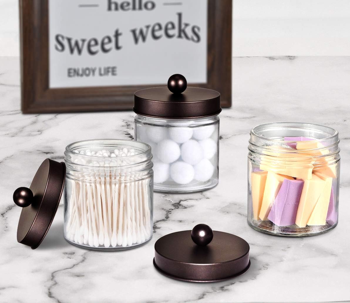 SheeChung Glass Mason Jar Qtip Holder, Bronze Stainless Steel Lids, 2 Pack