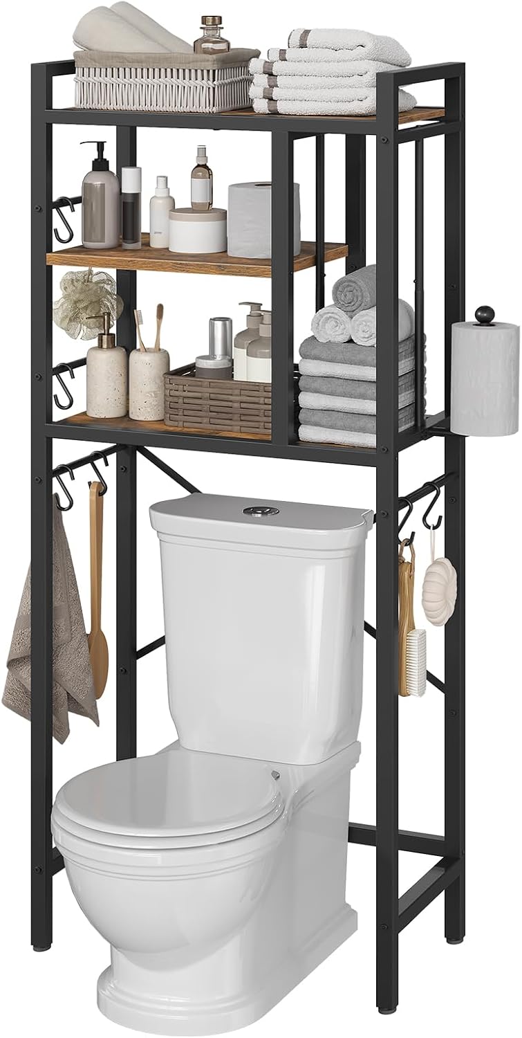 YATINEY Over The Toilet Storage Rack, 3-Tier Bathroom Organizer Shelf, Above Toilet Storage with Paper Holder 8 Hooks, Over The Toilet Storage Cabinet for Bathroom, Rustic Brown and Black TR06BR
