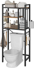 YATINEY Over The Toilet Storage Rack, 3-Tier Bathroom Organizer Shelf, Above Toilet Storage with Paper Holder 8 Hooks, Over The Toilet Storage Cabinet for Bathroom, Rustic Brown and Black TR06BR