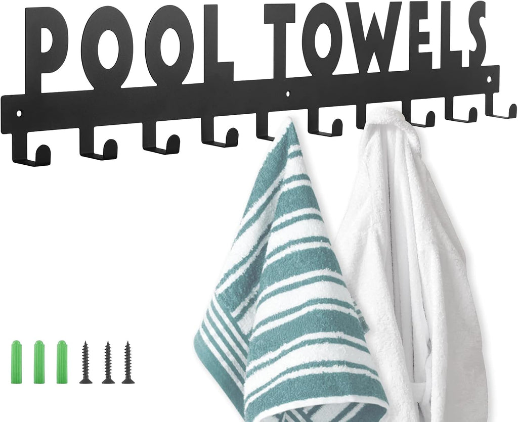 IBosins Large Pool Towel Rack with 10 Hooks Towel Holder Outdoor Black