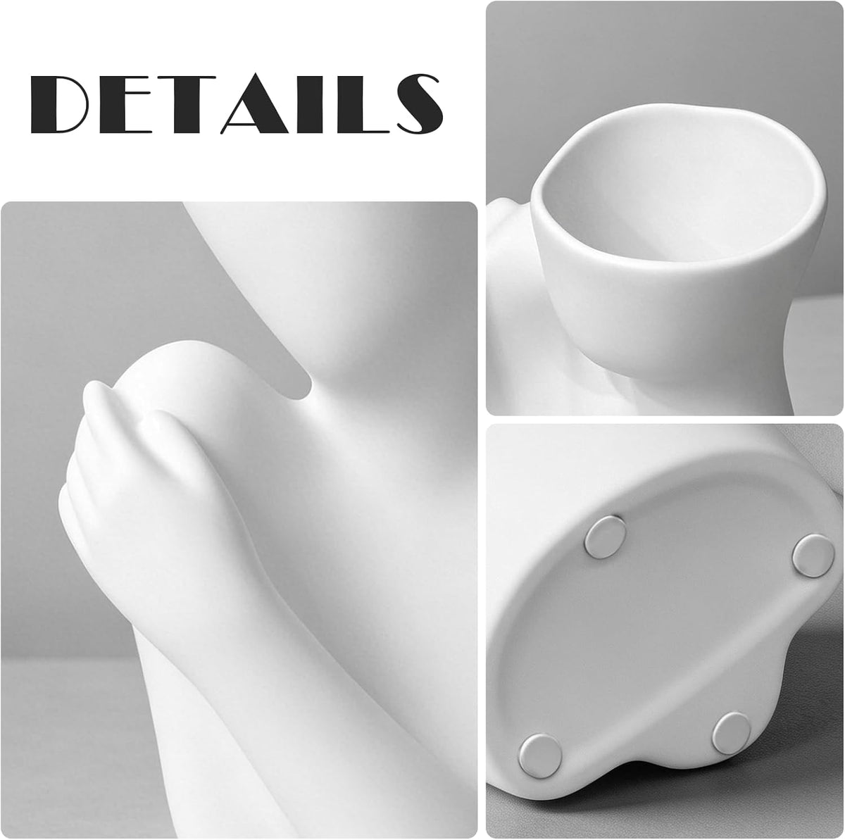 Ceramic Body Vase, Female Form Half Body Vase, Modern Minimalist Boho, Decorative Vase for Living Room, Bedroom, Shelf, Dining Table, Bathroom & Office, (White Shoulder-Grazing Style)