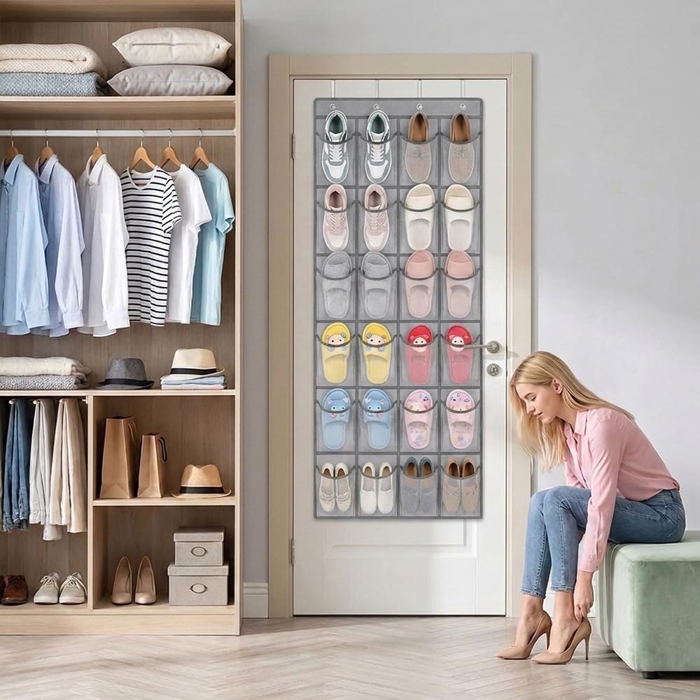 24 Pockets Over the Door Shoe Organizer, Breathable Mesh Hanging Shoe Rack