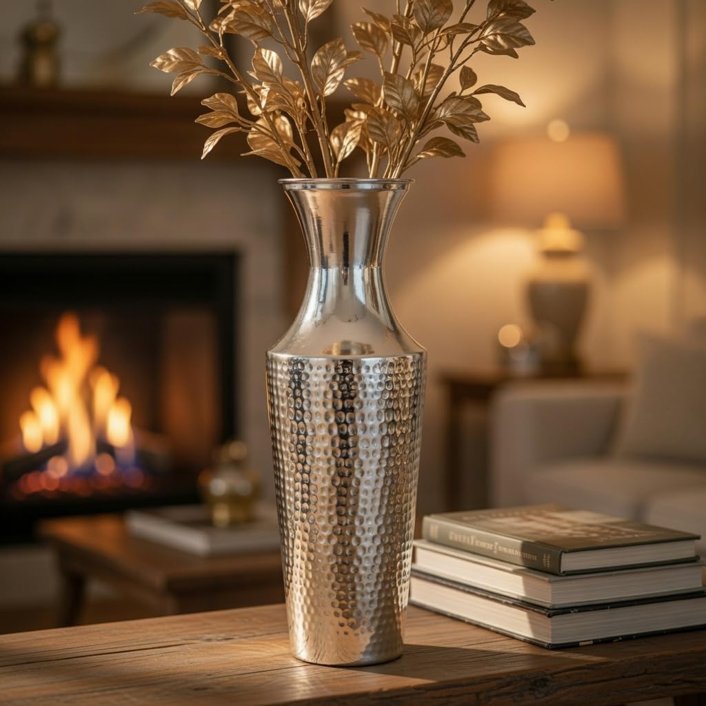 Hosley 18 Inch High Silver Color Metal Floor Vase. Ideal for Dried Flowers Gift for Floral Arrangements Wedding Home Spa Votive Candle Gardens P9