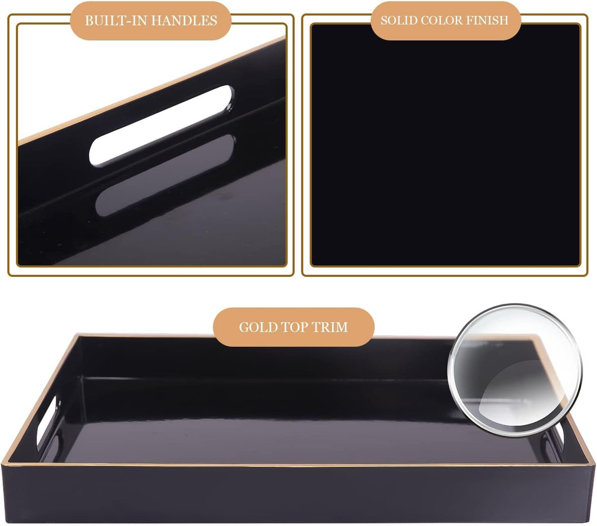 MAONAME Black Decorative Tray, Rectanrle Plastic Serving Tray with Handles