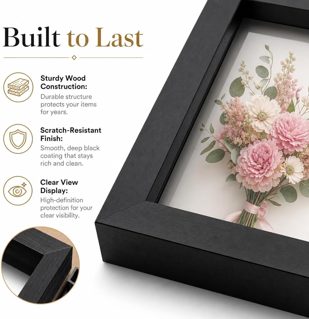 4 Pack Shadow Box Frame Display Cases, 8"x 8" Wood Deep Black Handicrafts Shadowbox Picture Frame for Flowers Jersey Baby Wedding Dress (Black&White)