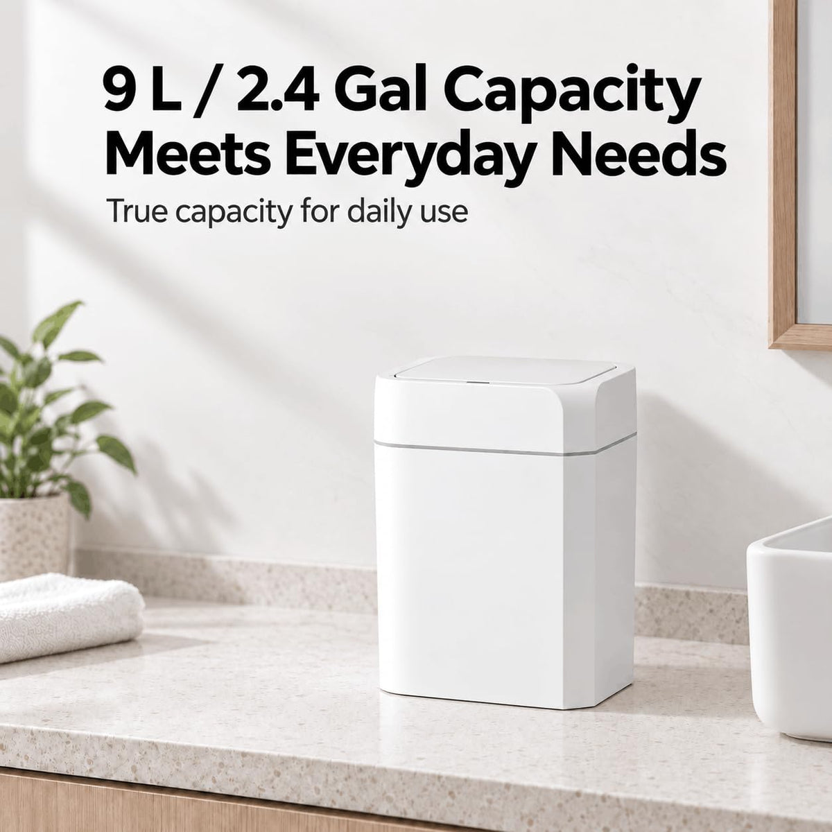 2.4 Gallon Small Automatic Trash Can, White Plastic Touchless Garbage Bin for for Bathroom, Bedroom, Office, Kitchen, 9 Liter Small Motion Senor Trash Can